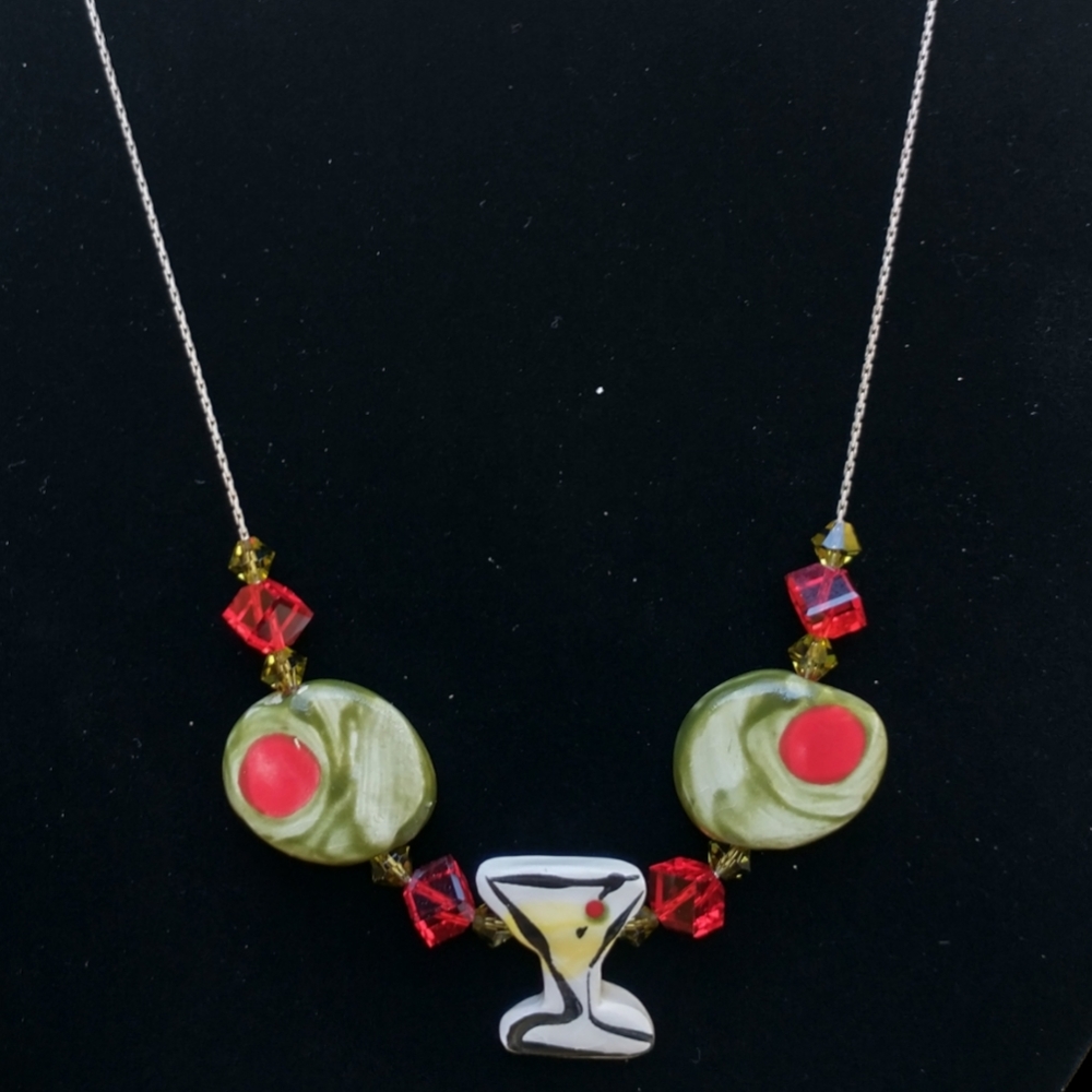 Sterling ceramic martini and olive necklace 925
